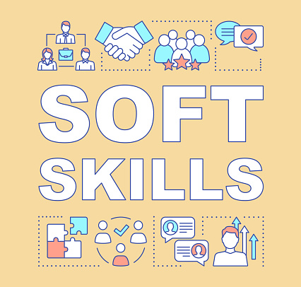 Soft skills word concepts banner. Teamwork idea, personal growth, professional relationship. Human resources presentation. Isolated typography idea with linear icons. Vector outline illustration