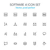 Software 4 theme, line icon set. Pixel perfect, fully editable stroke, black and white, vector icon set suitable for websites, info graphics, and print media.