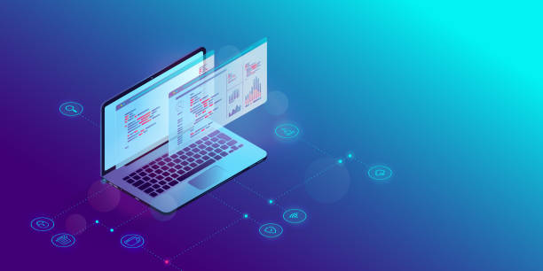 Software and web development Isometric laptop computer with code and analytic tools on screen, icons showing security, cloud and research symbols. Programming and programmer concept. Vector. web design stock illustrations