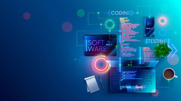 Software development coding concept. Programming, testing code, app. Software development coding process concept. Programming, testing cross platform code, app on laptop, tablet, phone. Create, editing script desktop and mobile devices. Technology software of business. computer software stock illustrations