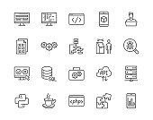 Software development flat line icons set. Programming language, application, api, computer program develop vector illustrations. Outline signs for website design. Pixel perfect 64x64. Editable Stroke.