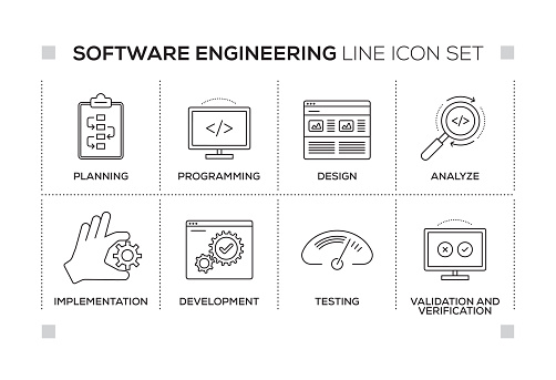 Software Engineering chart with keywords and monochrome line icons