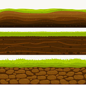 Soil Seamless layers. Landscapes of the earth. Layered dirt clay, ground layer with stones and grass on dirts, cliff texture, underground buried rock. The earth and green meadow. Set of realistic landscapes. vector.