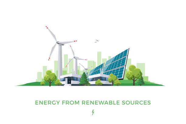 Solar and Wind Power Plant Isolated vector illustration of clean electric energy from renewable sources sun and wind. Power plant station buildings with solar panels and wind turbines on city skyline urban landscape background. renewable energy stock illustrations