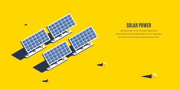 Solar energy banner Isometric solar power plant. 3D concept of renewable energy agricultural field illustrations stock illustrations