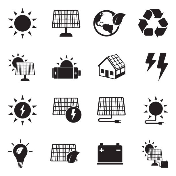 ilustrações de stock, clip art, desenhos animados e ícones de solar energy icons. black flat design. vector illustration. - central solar