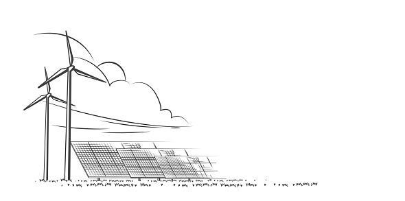 Solar panels and wind turbines or alternative sources of energy. drawn sketch. Vector design.