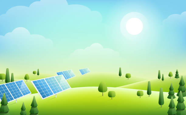 ilustrações de stock, clip art, desenhos animados e ícones de solar panels in green hills - solar panels