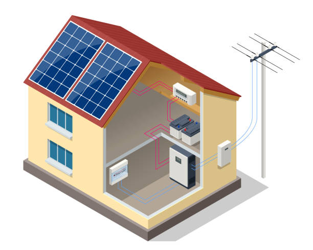 ilustrações, clipart, desenhos animados e ícones de painéis solares no telhado da casa moderna. fontes de energia renovável. sistema de armazenamento de energia de backup. casa da ecologia - energia solar
