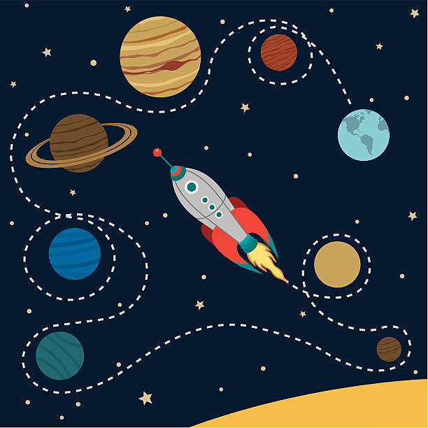 Solar System Travel A vector illustration of a rocket ship traveling throughout the solar system. planet space stock illustrations