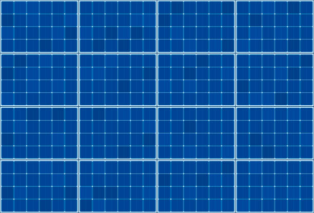 thermischen solarkollektor - flach-plattensystem - vektor-illustration der photovoltaik-technologie - blauen hintergrundmuster, horizontale ausrichtung. - solaranlage stock-grafiken, -clipart, -cartoons und -symbole