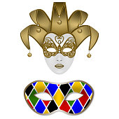 solated carnival masks. Venetian jolly mask and Harlequin mask	vector