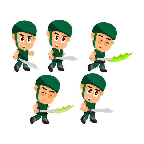 ilustraciones, imágenes clip art, dibujos animados e iconos de stock de soldado ataque espada personaje juego para crear juegos de acción de disparos - rich strike