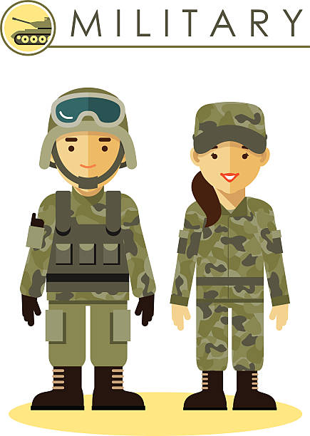 Soldier man and woman in military uniform Soldier man and woman in camouflage uniform isolated on white background in flat style military clipart stock illustrations