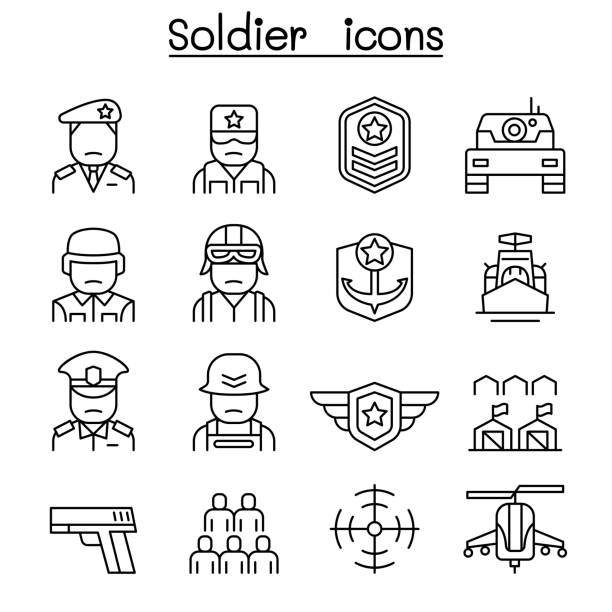 士兵和軍人圖示設置在細線風格 - 士兵 陸 軍 幅插畫檔、美工圖案、卡通及圖標