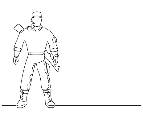 Soldier with weapons. One continuous line drawing of modern Military man with uniform. Army concept. Sketch in minimal style. Editable contour on white background. Vector