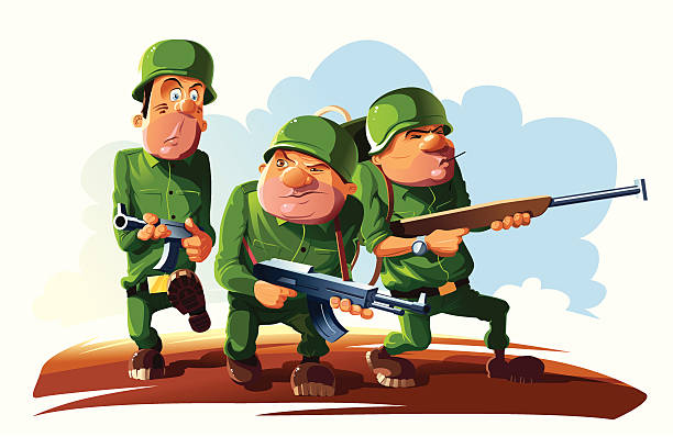 ilustraciones, imágenes clip art, dibujos animados e iconos de stock de soldados en guerra: pelotón de tres troopers. - peloton