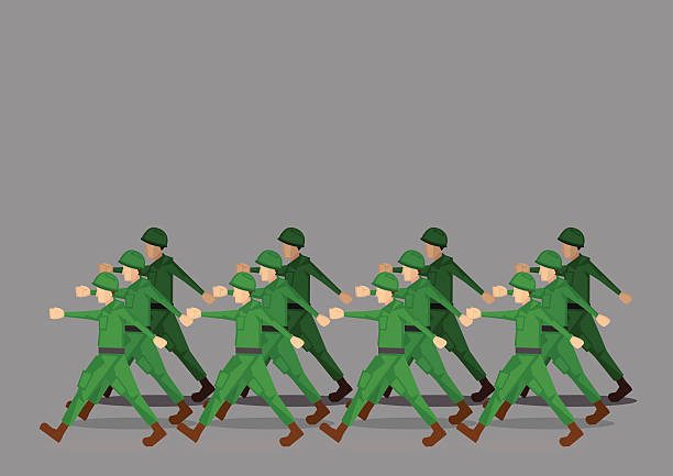 ilustraciones, imágenes clip art, dibujos animados e iconos de stock de desfile de soldados marchando militar - peloton
