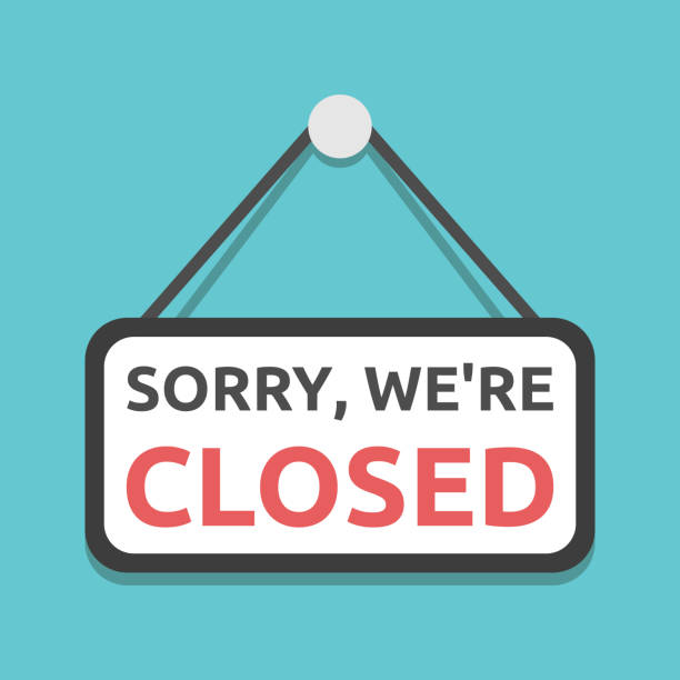 Sorry, we're closed sign Sorry, we're closed sign hanging on turquoise blue. Coronavirus pandemic, quarantine, bankruptcy, commerce and crisis concept. Flat design. EPS 8 vector illustration, no transparency, no gradients closing stock illustrations