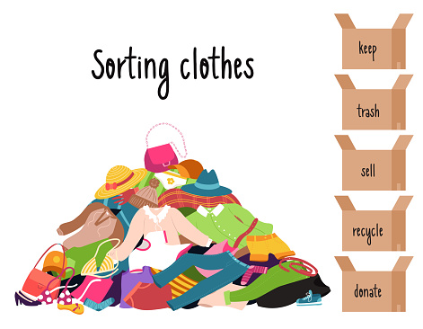 Sorting clothes. A pile of clothes lying randomly on the floor. Boxes with inscriptions - donate, sell, keep, trash, recycle. Color vector illustration of isolated on a white background.