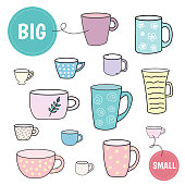 Sorting game big and small cups. Preschool worksheet activity. Educational game for kids. Vector Illustration