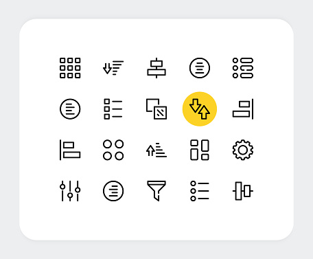 Sorting vector line icons. Simple outline symbols. Sort and filter data. Alignment, ascending and descending order, centering, aligning, settings, rearranging concepts. Thin line icons design. Linear signs, pictograms. Vector sorting icons set