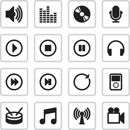 16 black vector icons for sound recording and music projects. vector