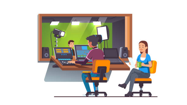 ilustrações de stock, clip art, desenhos animados e ícones de sound and video engineer working at recording studio along with producer sitting at mixing console board. tv broadcasting & video production room interior. flat style isolated vector - tv studio