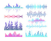 Sound effects vector color illustrations set. Soundwaves and voice vibration visualization. Audio player equalizer. Purple lines and curves isolated design elements pack. Soundtrack rhythm