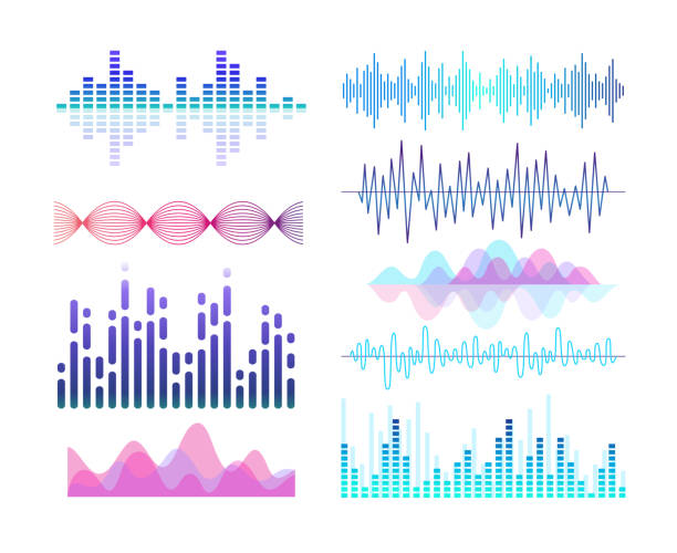 Sound effects vector color illustrations set Sound effects vector color illustrations set. Soundwaves and voice vibration visualization. Audio player equalizer. Purple lines and curves isolated design elements pack. Soundtrack rhythm sound recording equipment stock illustrations