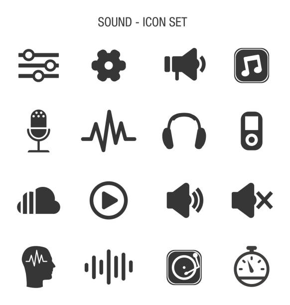 ilustraciones, imágenes clip art, dibujos animados e iconos de stock de conjunto de iconos de sonido - auriculares equipo de música
