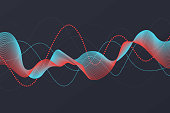 Sound wave background. Abstract dot line with particles blue and red color on dark, dynamic shape. Vibrant motion illustration for music poster, festival or wallpaper. Vector digital illustration.