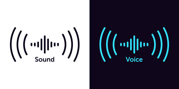 Sound wave icon for voice recognition in virtual assistant, speech sign. Abstract audio wave, voice command control Sound wave icon for voice recognition in virtual assistant, speech sign. Abstract audio wave, voice command control, outline acoustic waveform. Vector element for voice mobile app interface sound recording equipment stock illustrations