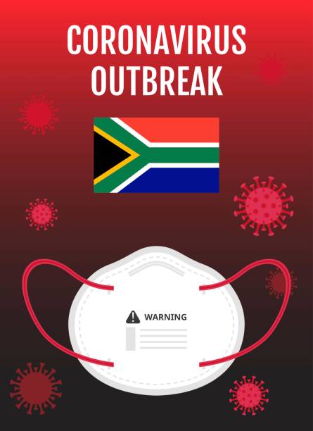 평평한 디자인에 마스크와 바이러스 벡터와 코로나 바이러스 covid-19 발발 경고를 들고 남아프리카 공화국 국가 플래그 그림, - south africa covid stock illustrations