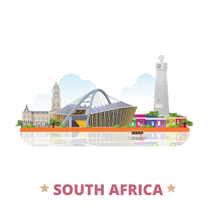 South Africa country flat cartoon style historic sight showplace vector illustration. World vacation travel Africa African collection. Moses Mabhida Stadium Cape Town City Hall Cape Good Hope Bo-Kaap.