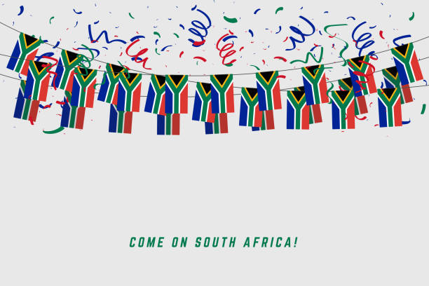 南非花環旗與五彩紙屑灰色背景, 掛結為南非慶祝範本橫幅。 - south africa 幅插畫檔、美工圖案、卡通及圖標
