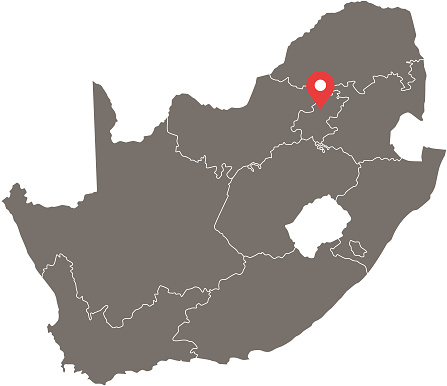 South Africa map vector outline with provinces or states borders and capital location, Pretoria, in gray background. Highly detailed accurate map of South Africa