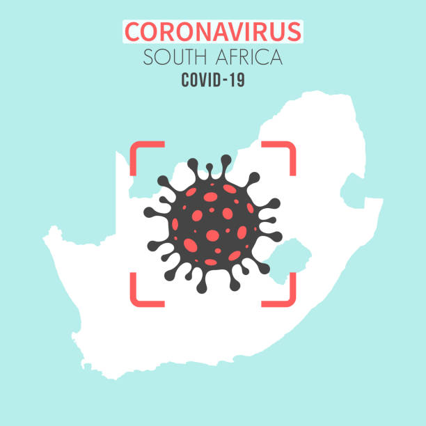 South Africa map with a coronavirus cell (COVID-19) in red viewfinder Map of South Africa with a cell of the novel coronavirus (COVID-19, 2019-nCoV) in the center of a red viewfinder. White map isolated on a blue green background. (colors used: blue, green, red and black). Conceptual image: coronavirus detected, closing of borders, area under control, stop coronavirus, defeat the virus, quarantined area, spread of the disease, coronavirus outbreak on the territory, virus alert, danger zone, confined space. Vector Illustration (EPS10, well layered and grouped). Easy to edit, manipulate, resize or colorize. south africa covid stock illustrations
