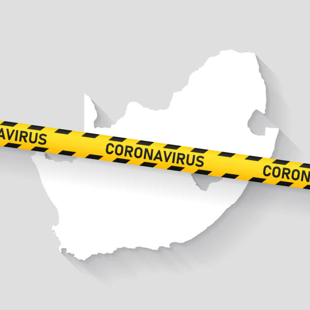 South Africa map with Coronavirus caution tape. Covid-19 outbreak Map of South Africa with a coronavirus warning tape (COVID-19, 2019-nCoV) isolated on a gray background. The map is white with a long shadow effect and in a flat design style. Conceptual image: coronavirus outbreak on the territory, coronavirus detected, closing of borders, area under control, stop coronavirus, quarantined area, spread of the disease, virus alert, danger zone, confined space. Vector Illustration (EPS10, well layered and grouped). Easy to edit, manipulate, resize or colorize. south africa covid stock illustrations