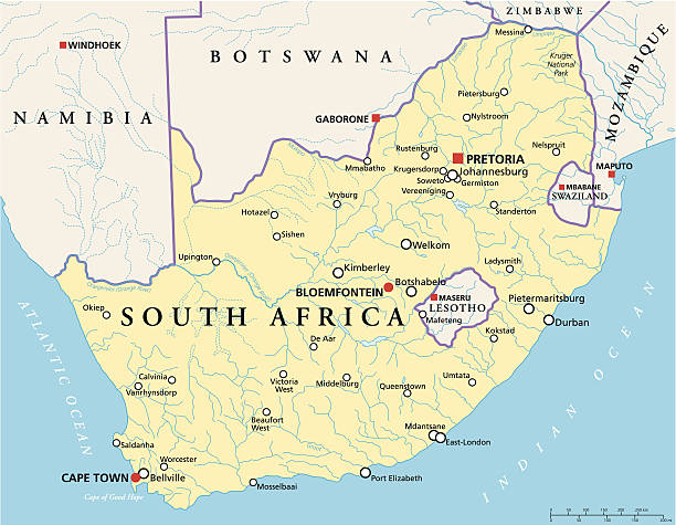 South Africa Political Map Political map of South Africa with the capitals Pretoria, Bloemfontein and Cape Town, with national borders, most important cities, rivers and lakes. Vector illustration with English labeling and scaling. south africa stock illustrations