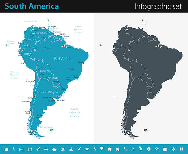 South America Map - Infographic Set Vector maps of the South America with variable specification and icons south america stock illustrations