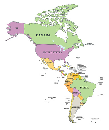 South and North America Political Map in Mercator Projection.