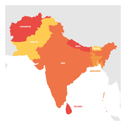 South Asia Region. Map of countries in southern Asia. Vector illustration