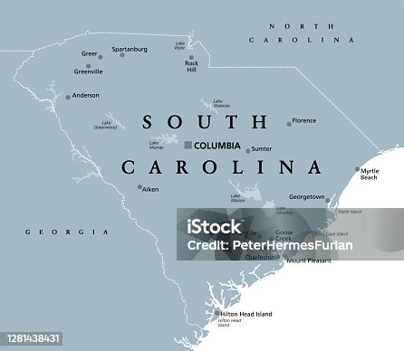 istock South Carolina, SC, gray political map, The Palmetto State 1281438431
