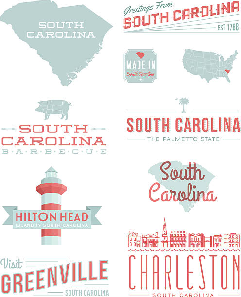 South Carolina Typography A set of vintage-style icons and typography representing the state of South Carolina, including Hilton Head, Greenville and Charleston. Each items is on a separate layer. Includes a layered Photoshop document. Ideal for both print and web elements. pig borders stock illustrations