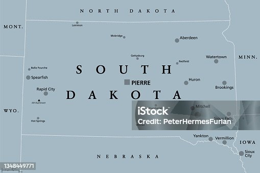 istock South Dakota, SD, gray political map, US state, The Mount Rushmore State 1348449771