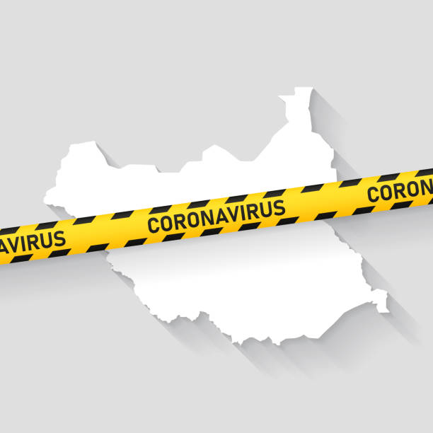 ilustraciones, imágenes clip art, dibujos animados e iconos de stock de mapa de sudán del sur con cinta de precaución coronavirus. brote de covid-19 - south africa covid