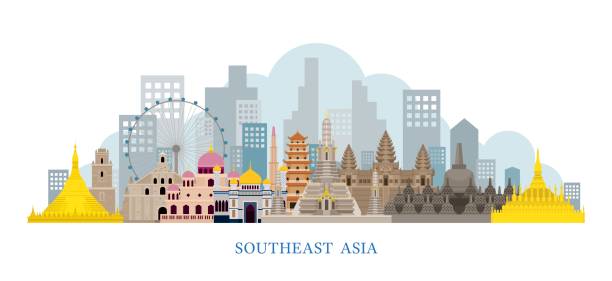 stockillustraties, clipart, cartoons en iconen met zuidoost-azië bezienswaardigheden skyline - association of southeast asian nations