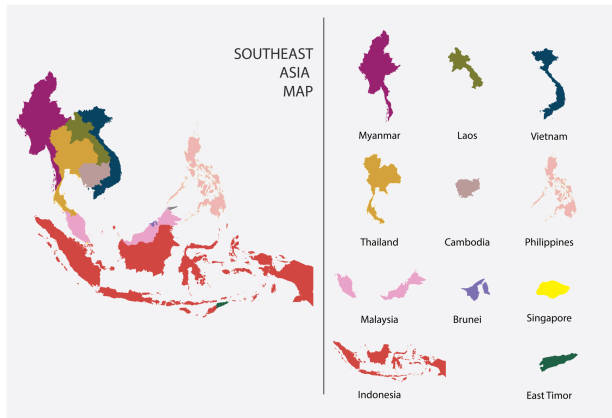 stockillustraties, clipart, cartoons en iconen met zuidoost-azië kaart grafische vector-gescheiden geïsoleerde landkaart voorontwerp werk - association of southeast asian nations