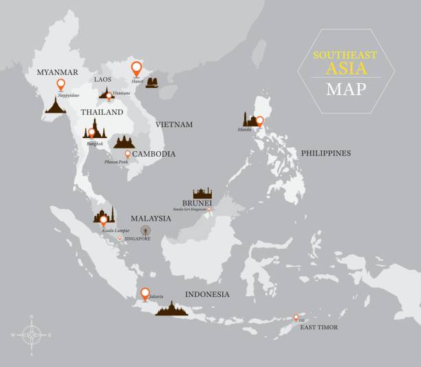 stockillustraties, clipart, cartoons en iconen met zuidoost-azië kaart met land en kapitaal locatie - association of southeast asian nations
